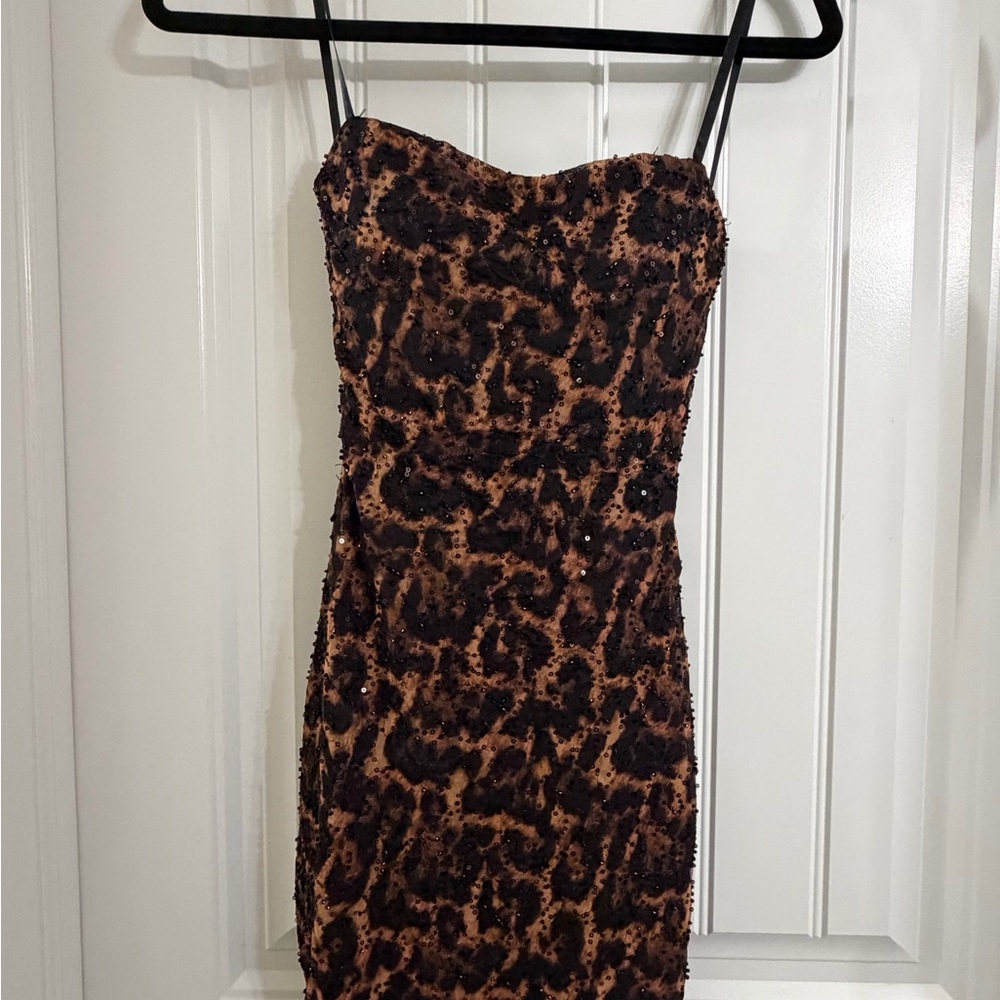Windsor Brown and Black Leopard Strapless Sequin Dress